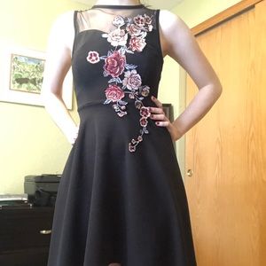 Black, high-low prom dress with floral embroidery